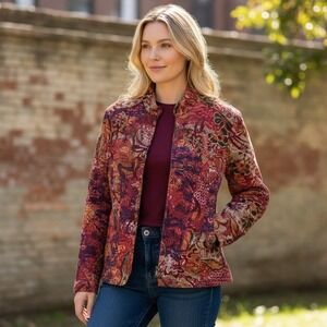 Coldwater Creek Womens Petite Large Red Floral Cotton Zip Mock Neck Jacket PL